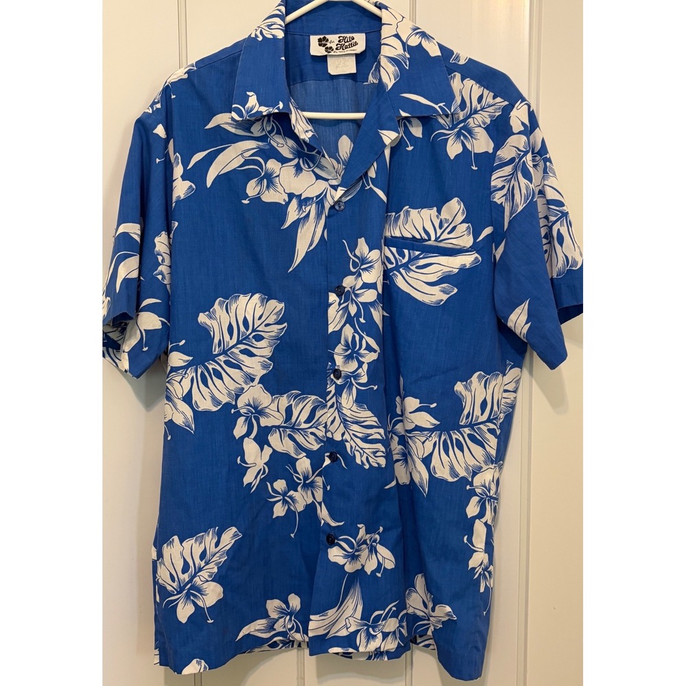 Hilo Hattie Mens Hawaiian Shirt Blue White Floral Monstera Leaf Made in Hawaii L